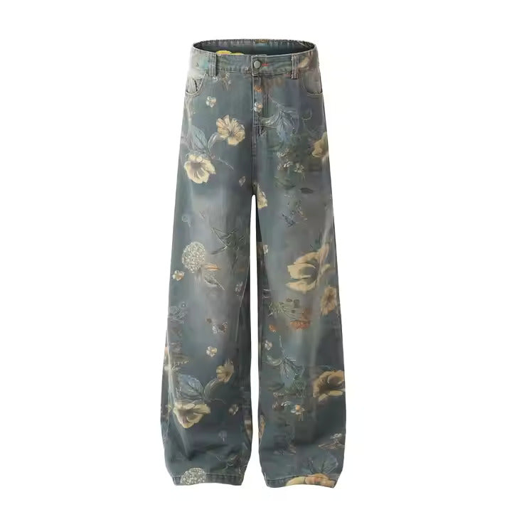Vintage Floral Wide-Leg Denim Pants – Unisex Streetwear